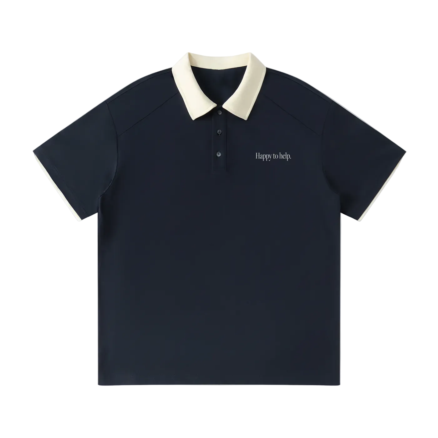 Navy blue polo shirt with white collar on a white background