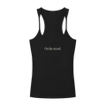 Black tank top with 'On the record.' text on a white background