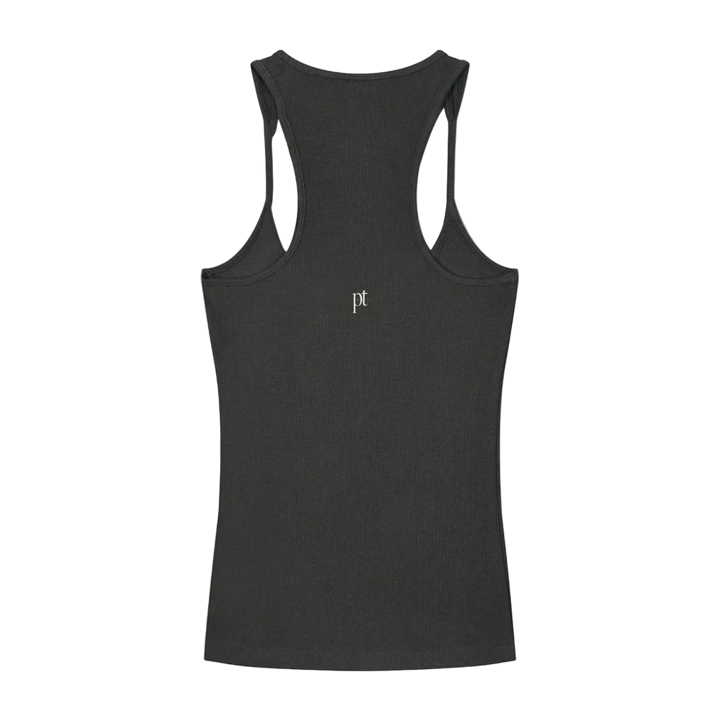 Dark Grey  tank top with a logo on the back against a white background