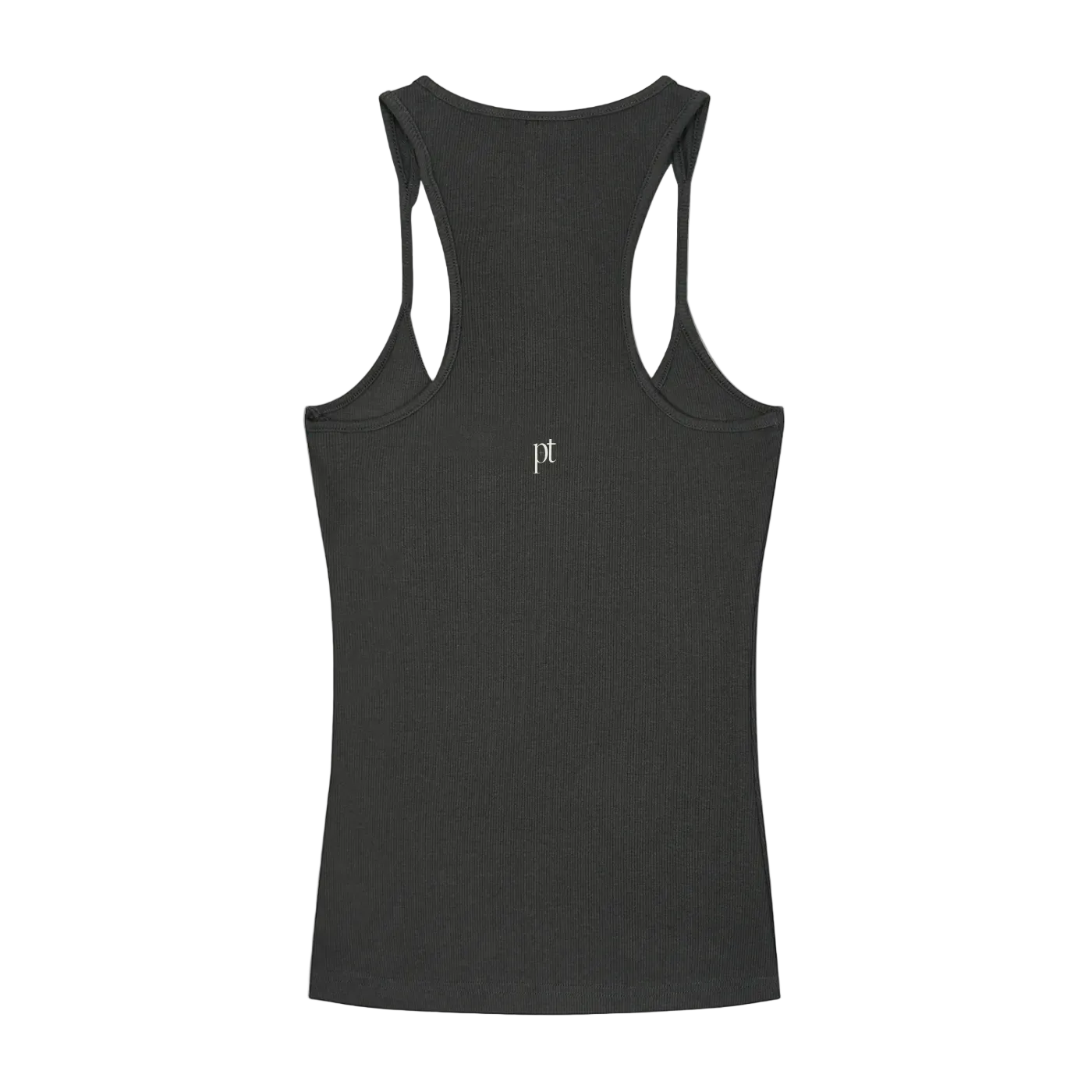 Dark Grey  tank top with a logo on the back against a white background