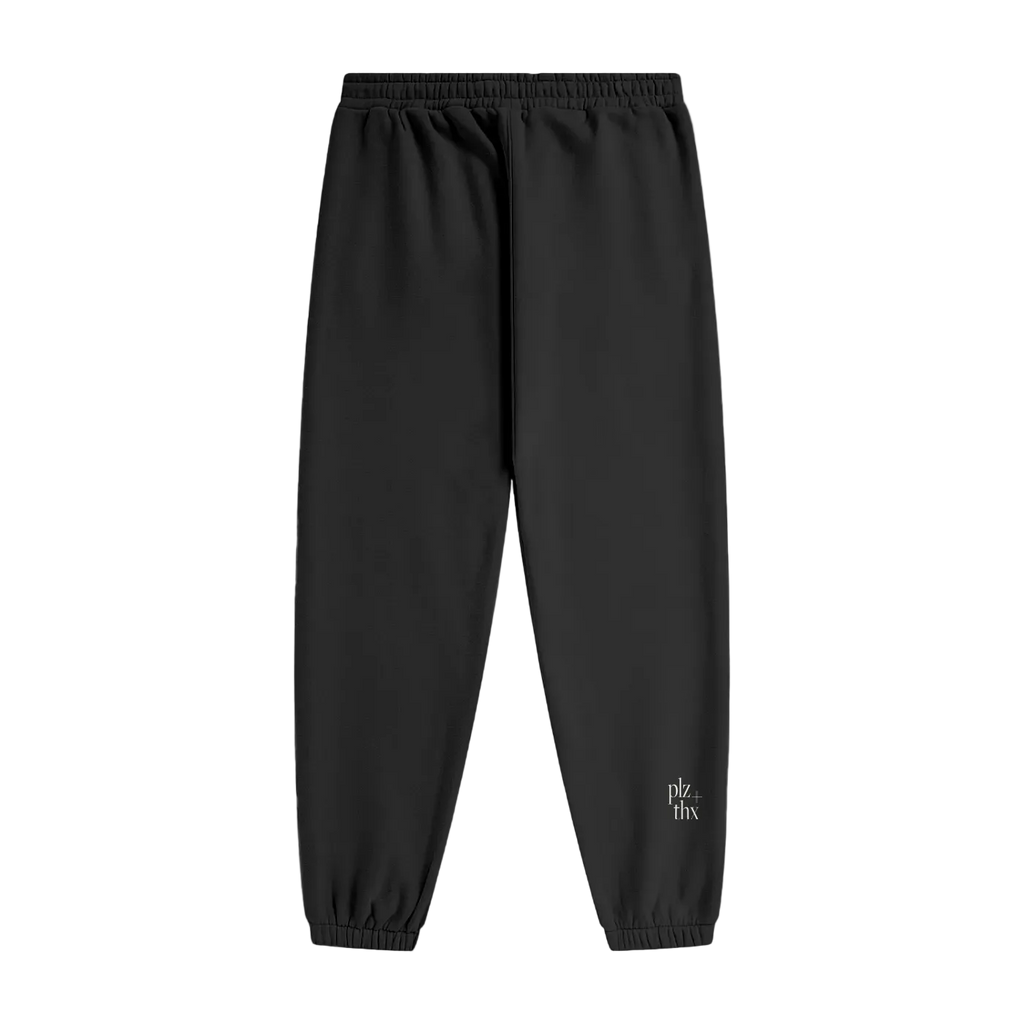 Black sweatpants with a brand logo on a white background