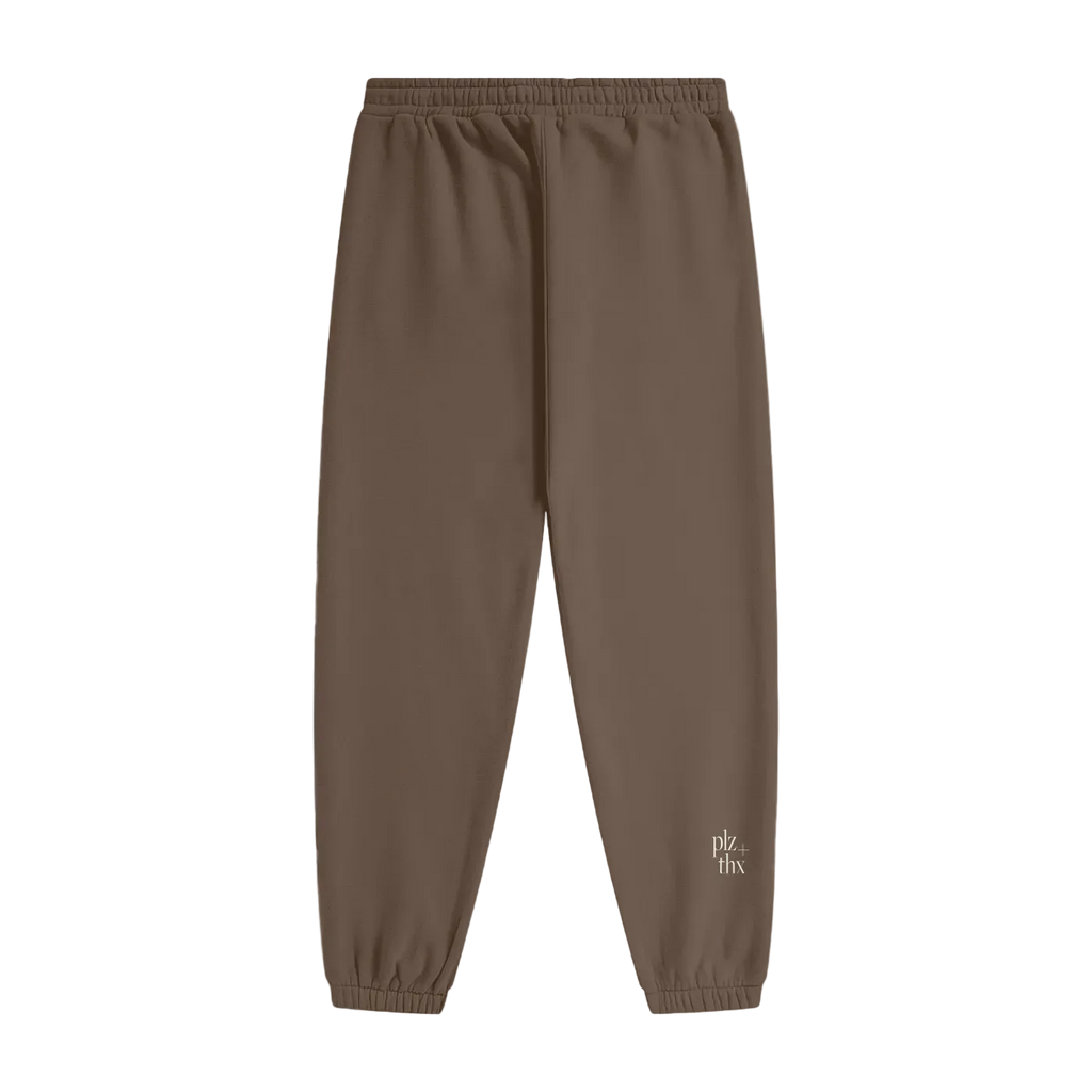 Brown sweatpants with a brand logo on a white background