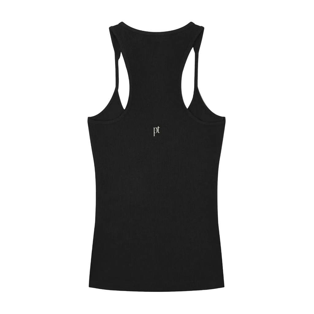 Black tank top with a small logo on the back against a white background