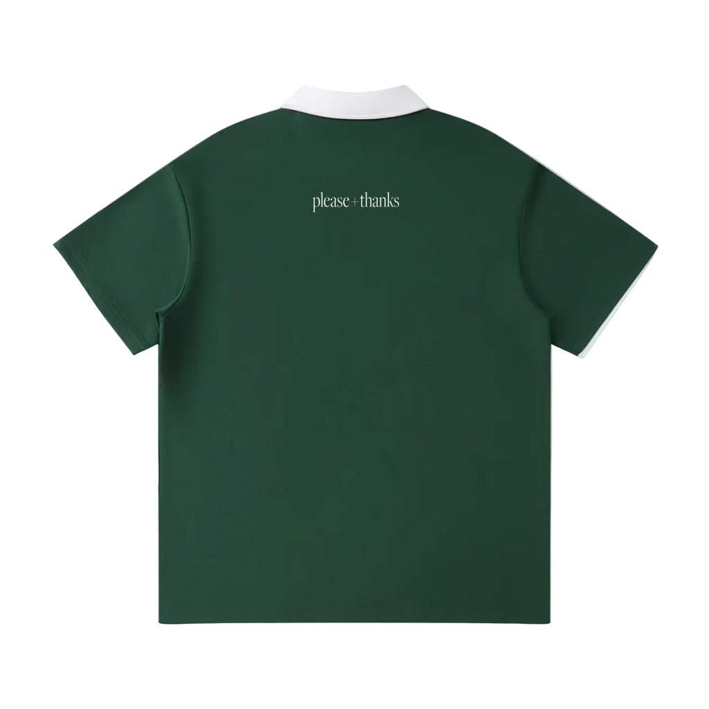 Green polo shirt with 'please + thanks' text on the back against a white background