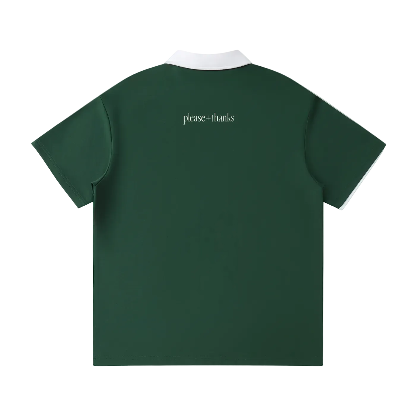 Green polo shirt with 'please + thanks' text on the back against a white background