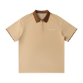 Beige polo shirt with brown collar on a white background