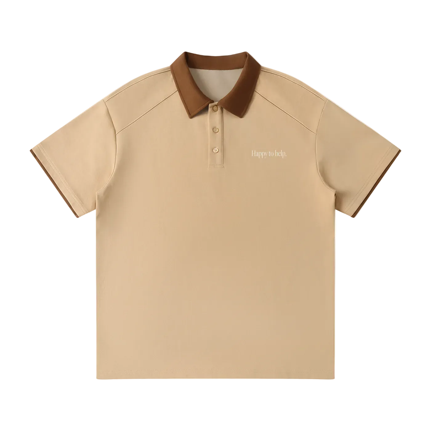 Beige polo shirt with brown collar on a white background