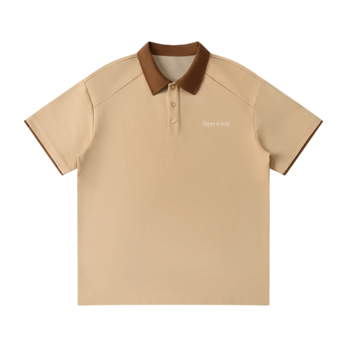 Beige polo shirt with brown collar on a white background
